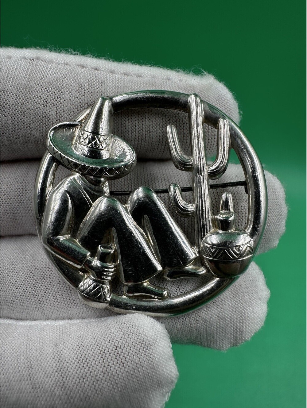 VintageSterling Silver Large Brooch Mexican Man Resting Cactus Sombrero